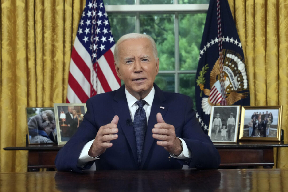 FILE - President Joe Biden addresses the nation from the Oval Office of the White House in Washington, Sunday, July 14, 2024, about the assassination attempt of Republican presidential candidate former President Donald Trump at a campaign rally in Pennsylvania. President Joe Biden will address the nation from the Oval Office on Wednesday on his decision to drop his 2024 Democratic reelection bid.