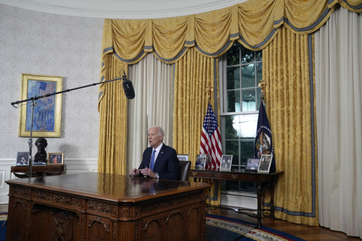 President Joe Biden addresses the nation from the Oval Office of the White House in Washington, Wednesday, July 24, 2024, about his decision to drop his Democratic presidential reelection bid.