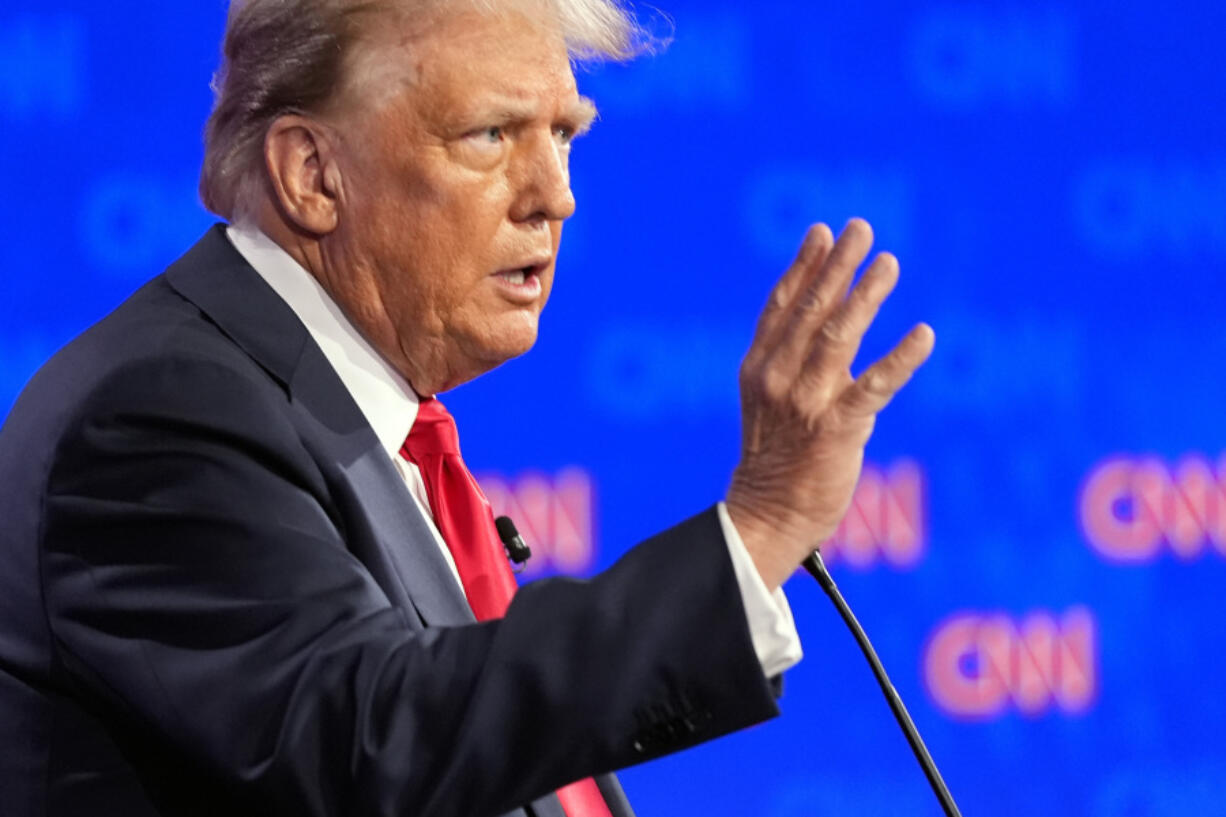 Republican presidential candidate former President Donald Trump speaks during a presidential debate hosted by CNN with President Joe Biden, Thursday, June 27, 2024, in Atlanta.