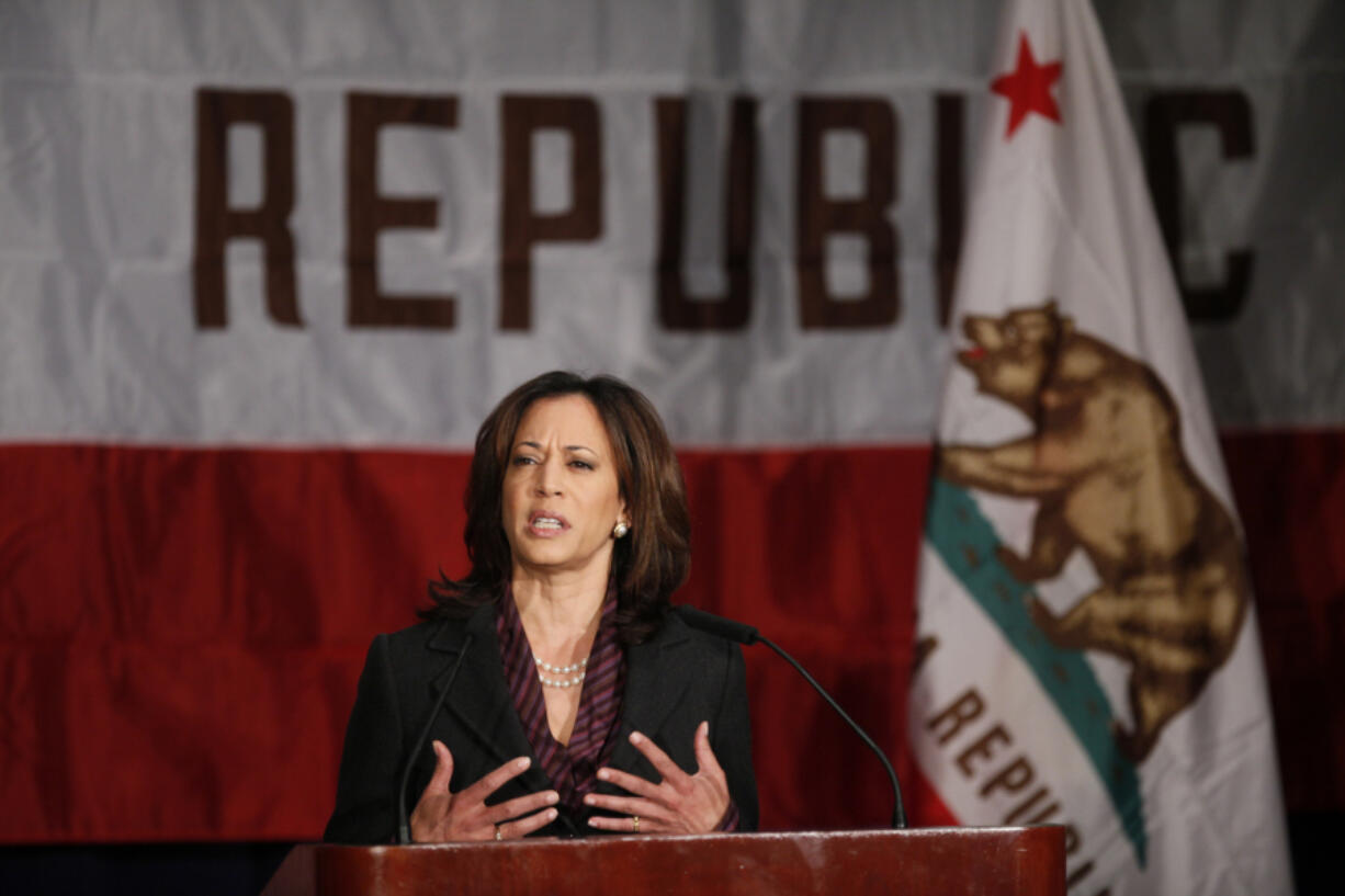 FILE - California Attorney General Kamala Harris gives her first news conference in Los Angeles, Nov. 30, 2010. She&rsquo;s already broken barriers, and now Vice President Harris could soon become the first Black woman to head a major party&rsquo;s presidential ticket after President Joe Biden&rsquo;s ended his reelection bid. The 59-year-old Harris was endorsed by Biden on Sunday, July 21, after he stepped aside amid widespread concerns about the viability of his candidacy.