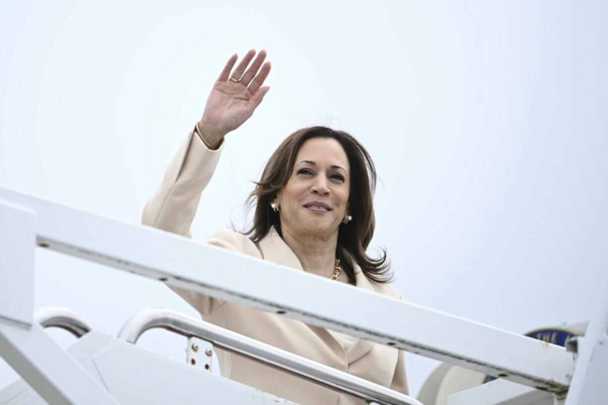 Vice President Kamala Harris boards Air Force Two at Andrews Air Force Base, Md., Wednesday, July 24, 2024. Harris is traveling to Indianapolis to deliver the keynote speech at Zeta Phi Beta Sorority, Inc.&rsquo;s Grand Boul&rsquo; event.