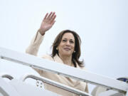 Vice President Kamala Harris boards Air Force Two at Andrews Air Force Base, Md., Wednesday, July 24, 2024. Harris is traveling to Indianapolis to deliver the keynote speech at Zeta Phi Beta Sorority, Inc.&rsquo;s Grand Boul&rsquo; event.