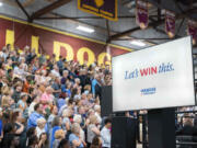 A digital screen displays Vice President Kamala Harris&rsquo; campaign as she campaigns for President as the presumptive Democratic candidate during an event at West Allis Central High School on Tuesday, July 23, 2024, in West Allis, Wis.