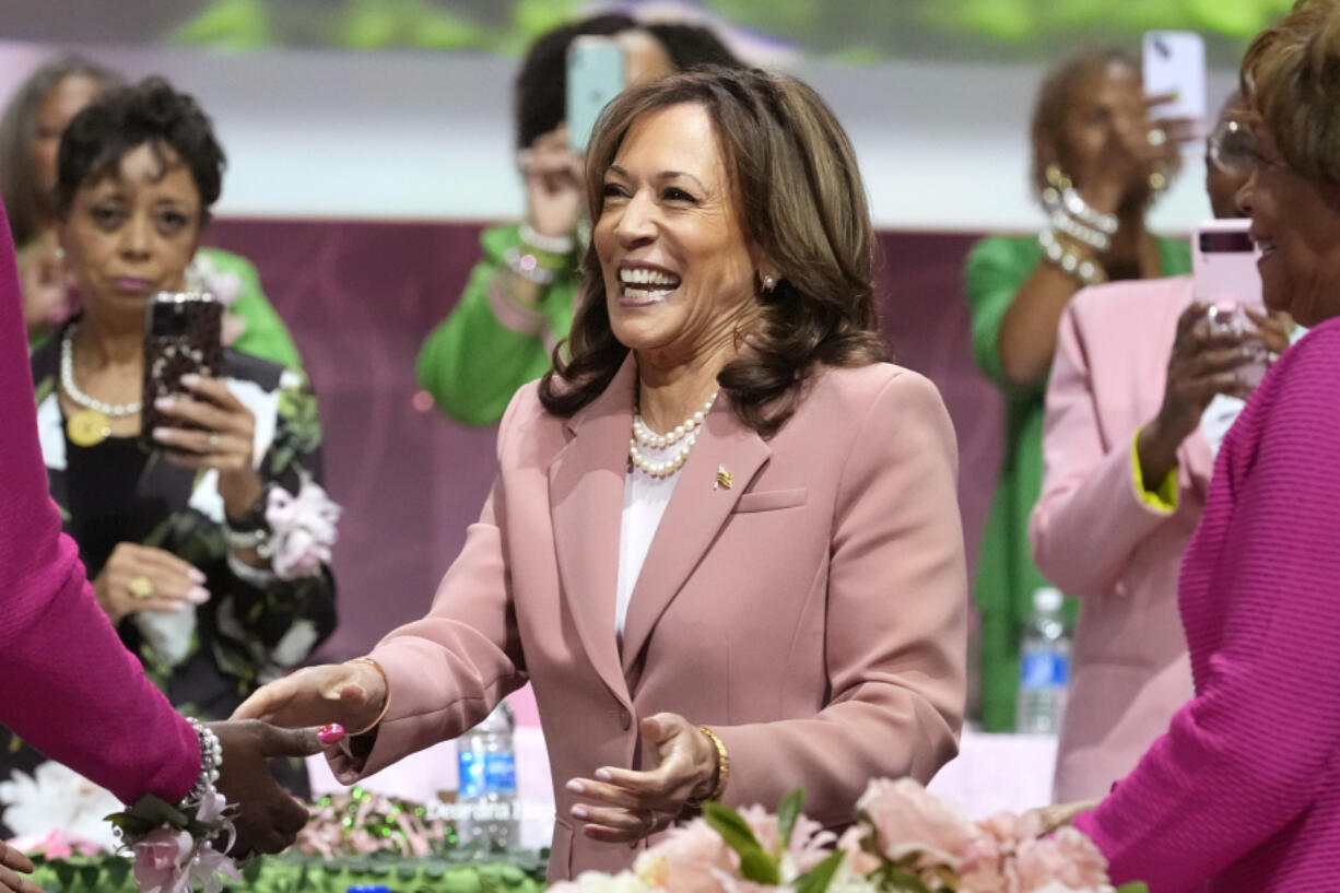 FILE - Vice President Kamala Harris speaks at the Alpha Kappa Alpha Sorority Inc. annual convention during the 71st biennial Boule at the Kay Bailey Hutchison Convention Center in Dallas, Wednesday, July 10, 2024. The #WinWithBlackWomen network says more than 40,000 Black women joined a Zoom call to support Harris on Sunday, July 21, hours after Biden ended his reelection campaign and endorsed Harris, and that the meeting was streamed to another 50,000 via other platforms.