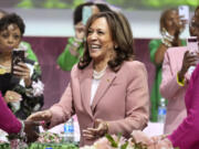 FILE - Vice President Kamala Harris speaks at the Alpha Kappa Alpha Sorority Inc. annual convention during the 71st biennial Boule at the Kay Bailey Hutchison Convention Center in Dallas, Wednesday, July 10, 2024. The #WinWithBlackWomen network says more than 40,000 Black women joined a Zoom call to support Harris on Sunday, July 21, hours after Biden ended his reelection campaign and endorsed Harris, and that the meeting was streamed to another 50,000 via other platforms.