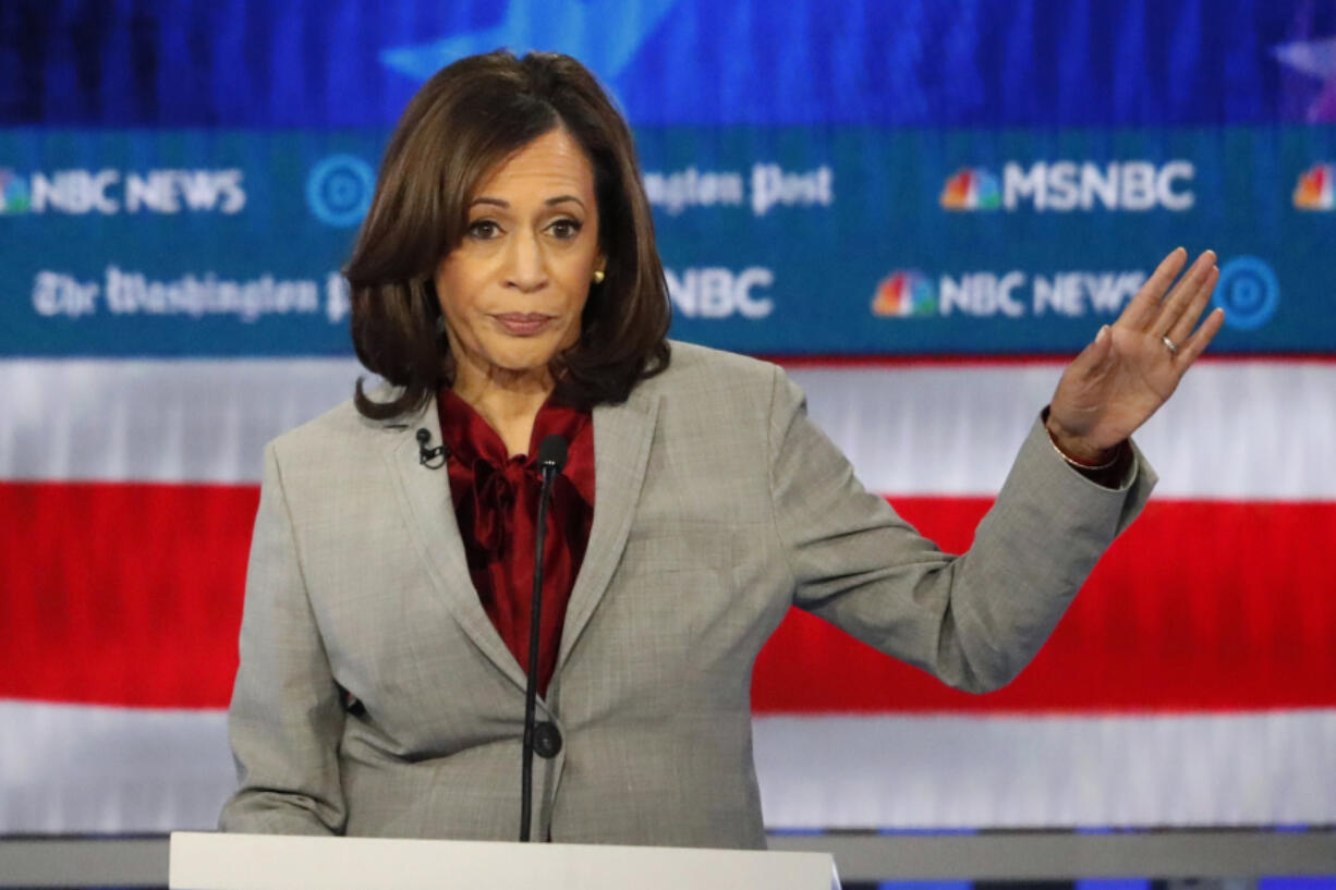 FILE - Democratic presidential candidate Sen. Kamala Harris, D-Calif., speaks during a Democratic presidential primary debate, Nov. 20, 2019, in Atlanta. Harris&rsquo; first presidential run showed potential on the debate stage. But it also involved a struggle to find a core message. Democrats say that was as much about the difficult scramble in a big primary field. In 2024, they argue, she would be able leverage the best of her 2020 effort in a matchup against one man: former President Donald Trump.