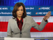 FILE - Democratic presidential candidate Sen. Kamala Harris, D-Calif., speaks during a Democratic presidential primary debate, Nov. 20, 2019, in Atlanta. Harris&rsquo; first presidential run showed potential on the debate stage. But it also involved a struggle to find a core message. Democrats say that was as much about the difficult scramble in a big primary field. In 2024, they argue, she would be able leverage the best of her 2020 effort in a matchup against one man: former President Donald Trump.