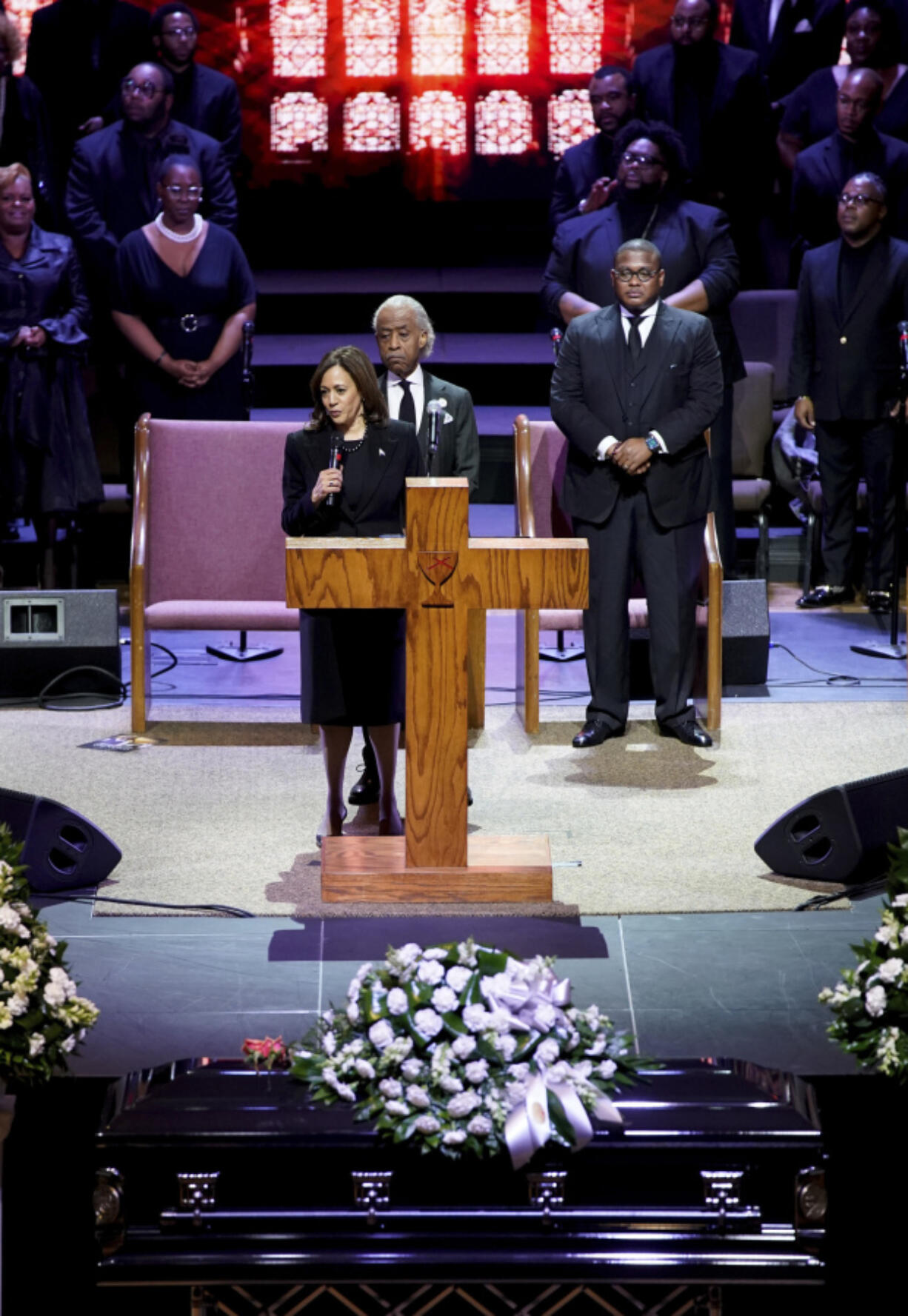 Vice President Kamala Harris speaks Feb. 1, 2023, during the funeral service for Tyre Nichols at Mississippi Boulevard Christian Church in Memphis, Tenn.