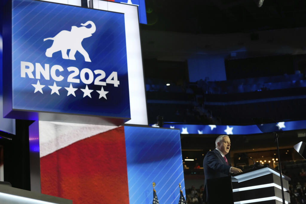 RNC Chair Michael Whatley speaks during the Republican National Convention Monday, July 15, 2024, in Milwaukee. (AP Photo/Nam Y.