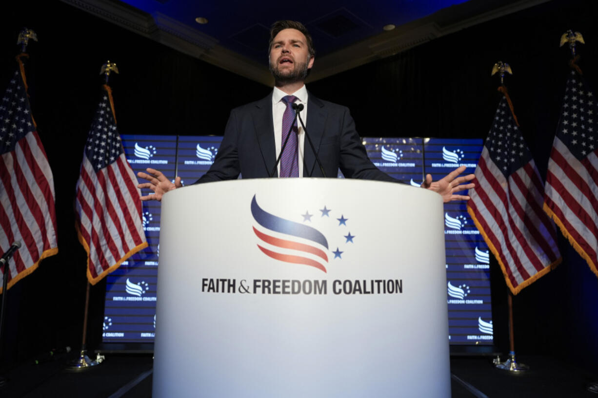 Republican vice presidential candidate Sen. JD Vance, R-Ohio, speaks during Faith &amp; Freedom Coalition&rsquo;s God &amp; Country Breakfast, Thursday, July 18, 2024, in Milwaukee.