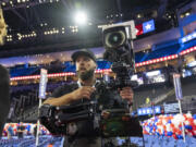 Video camera operators rehearse their shots in the Fiserv Forum ahead of the 2024 Republican National Convention, Friday, July 12, 2024, in Milwaukee.