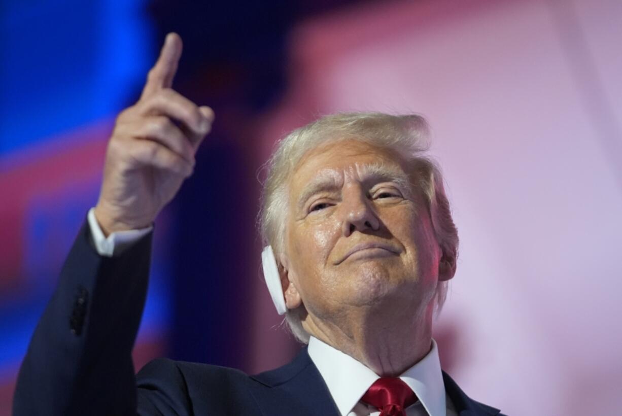 Republican presidential candidate former President Donald Trump gestures during the final day of the Republican National Convention Thursday, July 18, 2024, in Milwaukee.