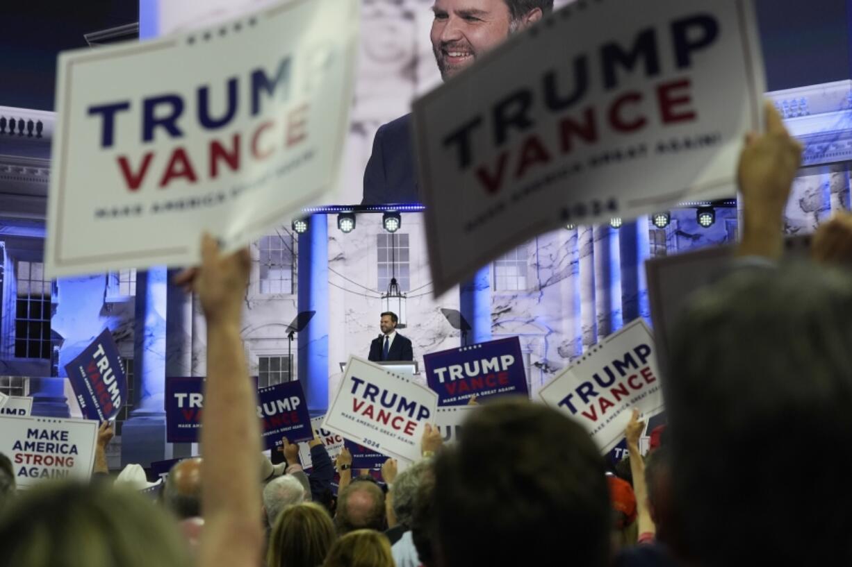 Vice Presidential Nominee Sen. JD Vance speaks during the Republican National Convention Wednesday, July 17, 2024, in Milwaukee. (AP Photo/Jae C.