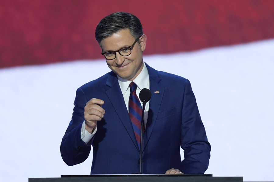 Speaker of the House Mike Johnson, R-La., speaking during the second day of the Republican National Convention on Tuesday, July 16, 2024, in Milwaukee. (AP Photo/J.