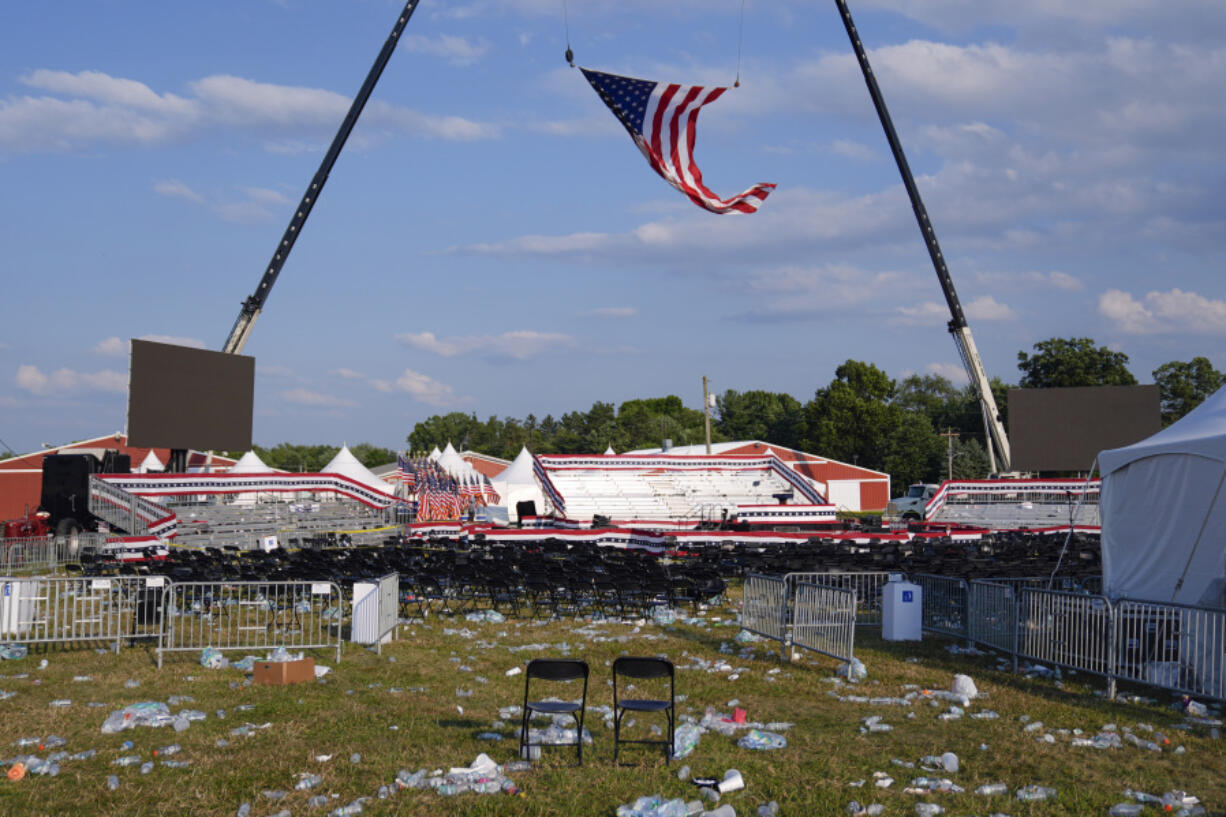 A campaign rally site for Republican presidential candidate former President Donald Trump is empty and littered with debris Saturday, July 13, 2024, in Butler, Pa.