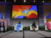 Republican presidential candidate former President Donald Trump, left, moderated by from left, ABC&#039;s Rachel Scott, Semafor&#039;s Nadia Goba and FOX News&#039; Harris Faulkner, speaks at the National Association of Black Journalists, NABJ, convention, Wednesday, July 31, 2024, in Chicago.