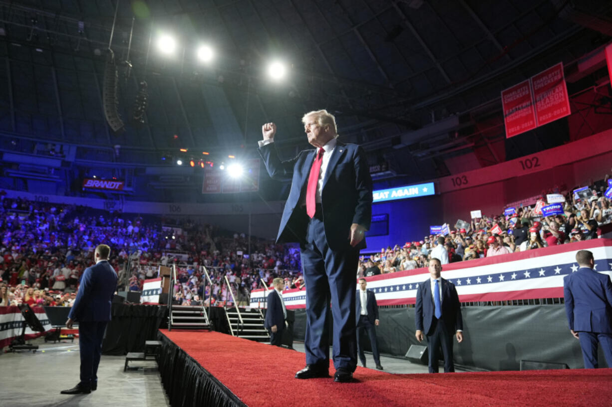 Republican presidential candidate former President Donald Trump gestures after speaking at a campaign rally Wednesday, July 24, 2024, in Charlotte, N.C.