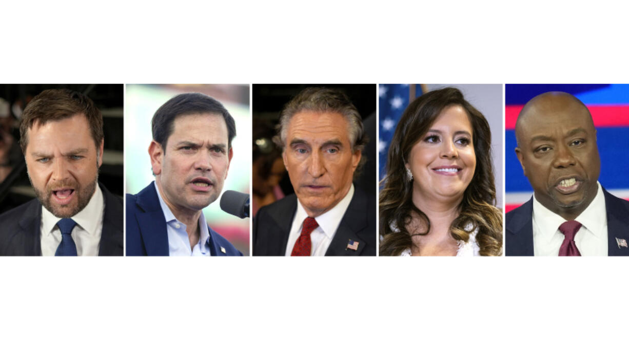 This combination photo shows Sen. J.D. Vance, R-Ohio, in Atlanta, June 27, 2024, from left, Sen. Marco Rubio, R-Fla., in Miami, Nov. 6, 2022, North Dakota Gov. Doug Burgum, June 27, 2024, in Atlanta, Rep. Elise Stefanik, R-N.Y., June 13, 2024, and Sen. Tim Scott, R-S.C., Nov. 8, 2023, in Miami. It&rsquo;s not unheard of for a running mate to move beyond past disagreements with a presidential candidate. But the shift is more striking for Donald Trump&rsquo;s potential vice presidential contenders, in some cases requiring them to abandon long-held policy positions and recant vehement criticism.