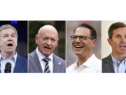 This composite left to right, shows North Carolina Gov. Roy Cooper, June 28, 2024, in Raleigh, N.C., Sen. Mark Kelly, D-Ariz., June 4, 2024, in Washington, Pennsylvania Gov. Josh Shapiro, July 20, 2024, in Pittsburgh, and Kentucky Gov. Andy Beshear in Frankfort, Ky., July 22, 2024.