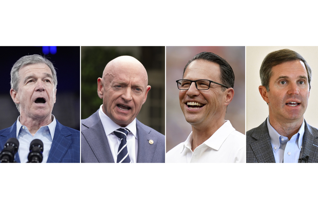 This composite left to right, shows North Carolina Gov. Roy Cooper, June 28, 2024, in Raleigh, N.C., Sen. Mark Kelly, D-Ariz., June 4, 2024, in Washington, Pennsylvania Gov. Josh Shapiro, July 20, 2024, in Pittsburgh, and Kentucky Gov. Andy Beshear in Frankfort, Ky., July 22, 2024.