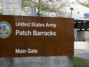 FILE - The main entrance for the U.S. Army Patch Barracks in Stuttgart, Germany, Nov. 28, 2006, where the headquarters of the U.S. European Command (EUCOM) is located. The U.S, military has raised the security protection measures it is taking at its bases throughout Europe, asking service members to be more vigilant and keep a lower profile due to a combination of threats it&rsquo;s seeing across the region.