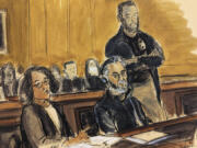 FILE - In this courtroom sketch, Guo Wengui, seated center, and his attorney, Tamara Giwa, left, appear in federal court in New York, March 15, 2023. Wengui, a self-exiled Chinese business tycoon whose criticism of the Communist Party won him legions of online followers and powerful friends in the American conservative movement, was convicted by a U.S. jury Tuesday, July 16, 2024 of engaging in a massive multiyear fraud that ripped off some of his most devoted fans.