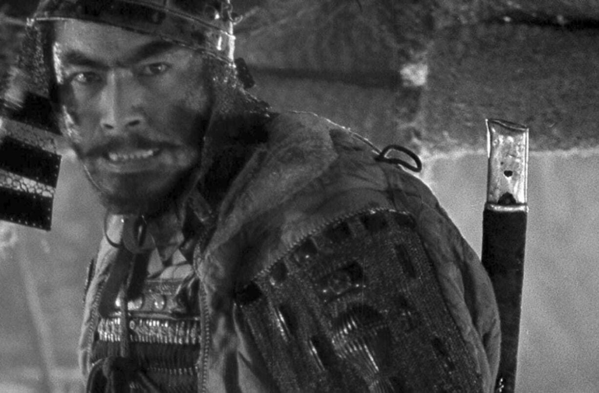 This image released by Janus Films shows Toshir&ocirc; Mifune in a scene from the 1954 film &ldquo;Seven Samurai.&rdquo; (Janus Films via AP) (Janus Films)