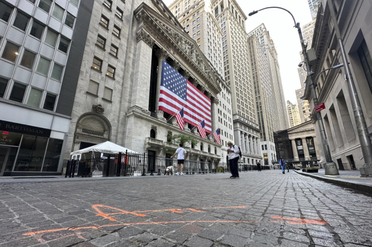 FILE - The New York Stock Exchange is seen on July 3, 2024, in New York. Asian stocks have fallen while European markets are higher on Monday, July 8, 2024, after France&rsquo;s elections left its legislature divided among left, center and far right, with no single political faction getting close to a majority.