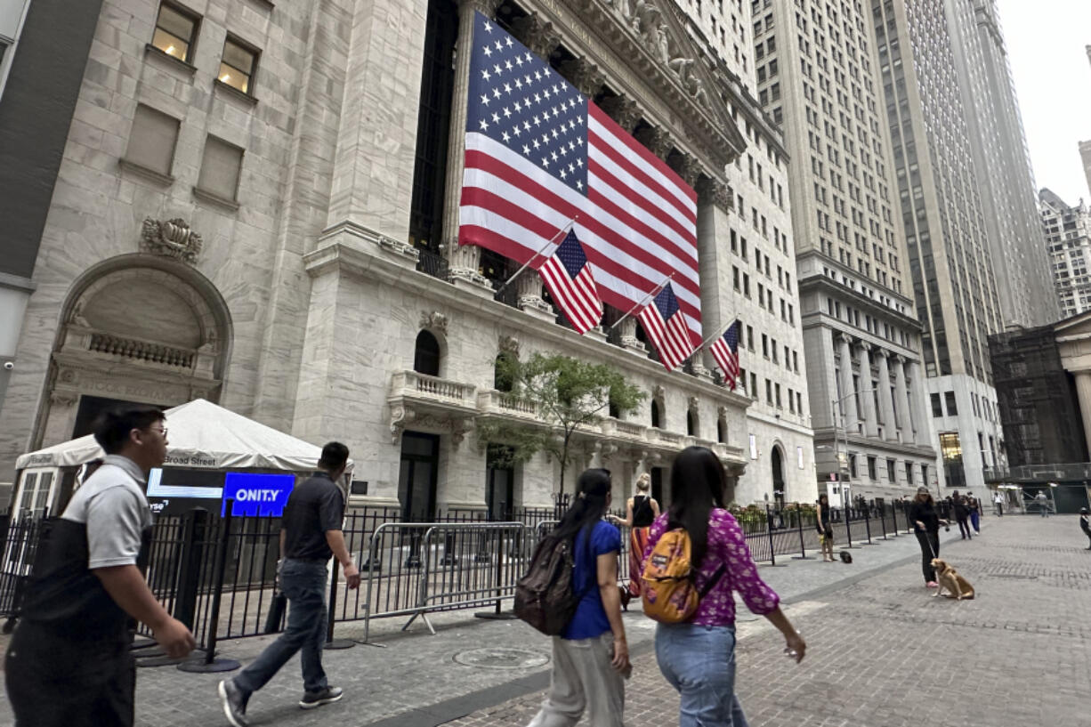 FILE - The New York Stock Exchange is shown on July 17, 2024, in New York. Global shares are mostly lower on Thursday, July 18, 2024, with Tokyo&rsquo;s benchmark dipping more than 2%, after Wall Street&rsquo;s record-breaking rally slammed into a wall of worries over potentially worsening trade tensions with China.