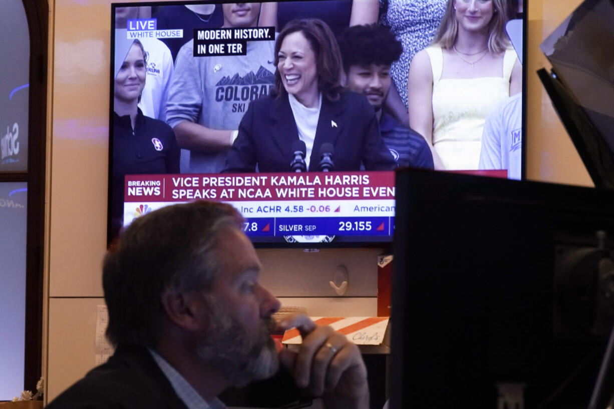 A television on the floor of the New York Stock Exchange shows U.S. Vice President Kamala Harris speaking at the White House, Monday, July 22, 2024.