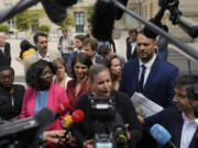 Elected parliament member Mathilde Panot, of the far-left La France Insoumise (France Unbowed) party, answers reporters at the National Assembly, Monday, July 1, 2024 in Paris. France&rsquo;s National Rally surged into the lead in the first round of legislative elections, according to results released early Monday, bringing the far-right party to the brink of power and dealing a major blow to President Emmanuel Macron&rsquo;s centrists in an election that could set the country, and Europe, on a starkly different course.