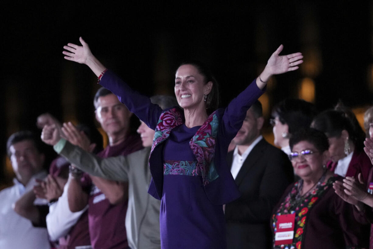 FILE - Future President Claudia Sheinbaum waves to supporters at the Zocalo, Mexico City&rsquo;s main square, after the National Electoral Institute announced she held an irreversible lead in the election, early Monday, June 3, 2024.