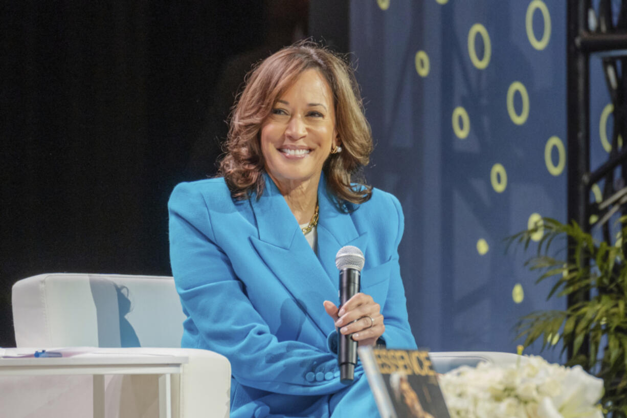 Vice President Kamala Harris speaks with Essence CEO Caroline Wanga during the 30th annual Essence Festival of Culture in New Orleans, Saturday, July 6, 2024.