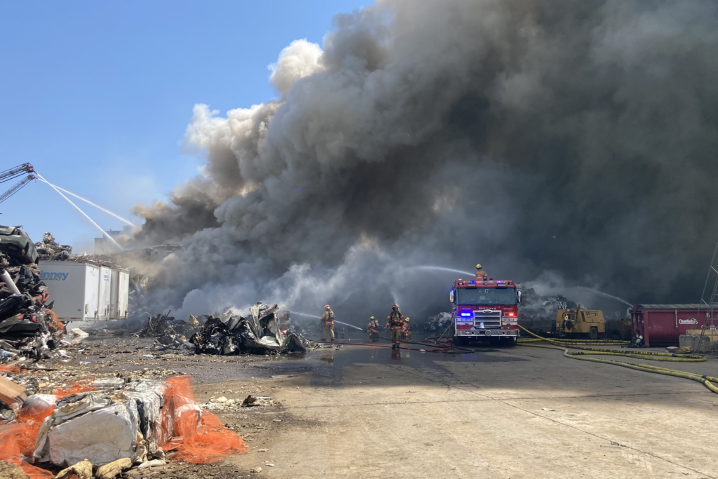 Port Fire & Rescue battled a blaze at a recycling plant that sent a plume of smoke drifting over the Columbia River Tuesday.