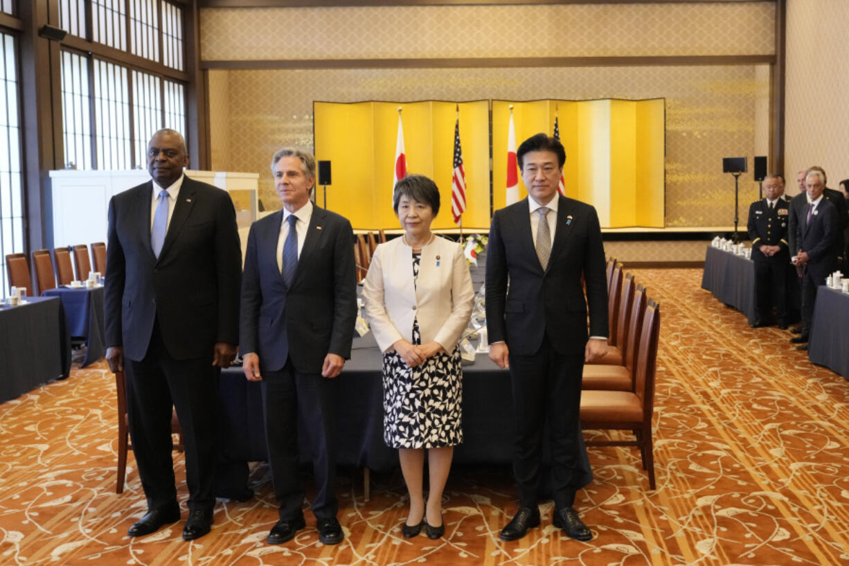 U.S. Defense Secretary Lloyd Austin, from left, Secretary of State Antony Blinken, Japanese Foreign Minister Yoko Kamikawa and Defense Minister Minoru Kihara pose for the Japan-U.S. Security Consultative Committee, at the Foreign Ministry&#039;s Iikura guesthouse in Tokyo, Sunday, July 28, 2024.