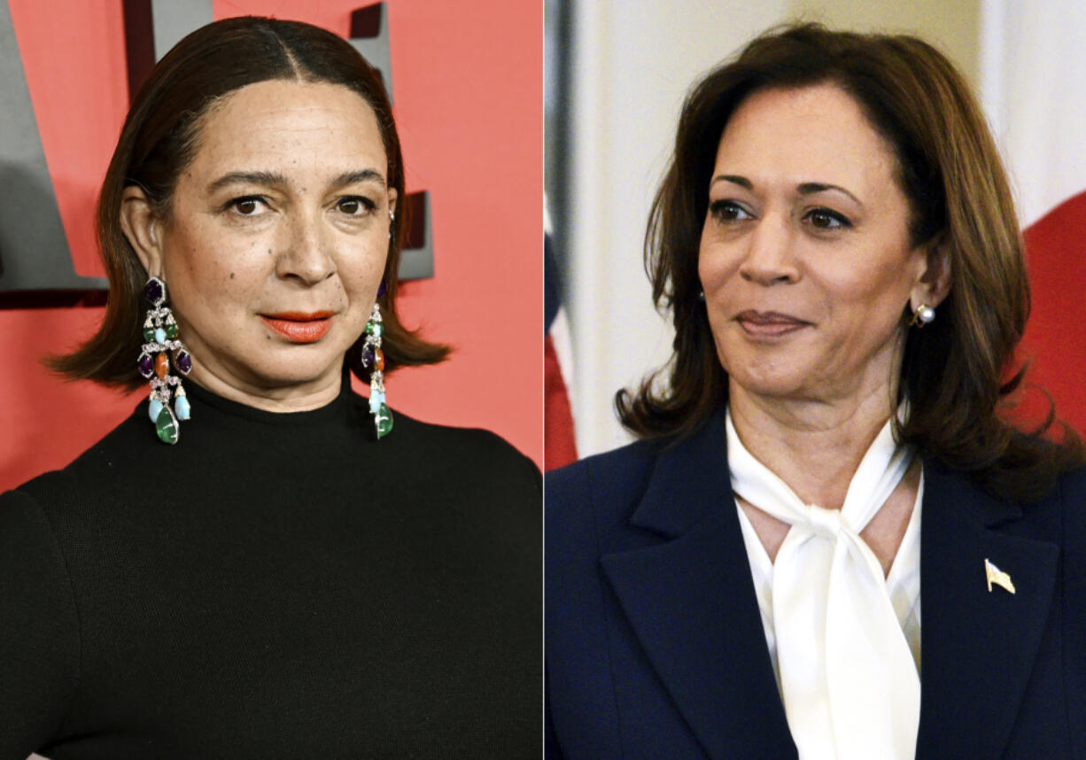 Maya Rudolph appears at the Time100 Gala in New York on April 25, 2024, left, and Vice President Kamala Harris appears at a luncheon for Japanese Prime Minister Fumio Kishida at the State Department in Washington on April 11, 2024.