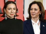 Maya Rudolph appears at the Time100 Gala in New York on April 25, 2024, left, and Vice President Kamala Harris appears at a luncheon for Japanese Prime Minister Fumio Kishida at the State Department in Washington on April 11, 2024.