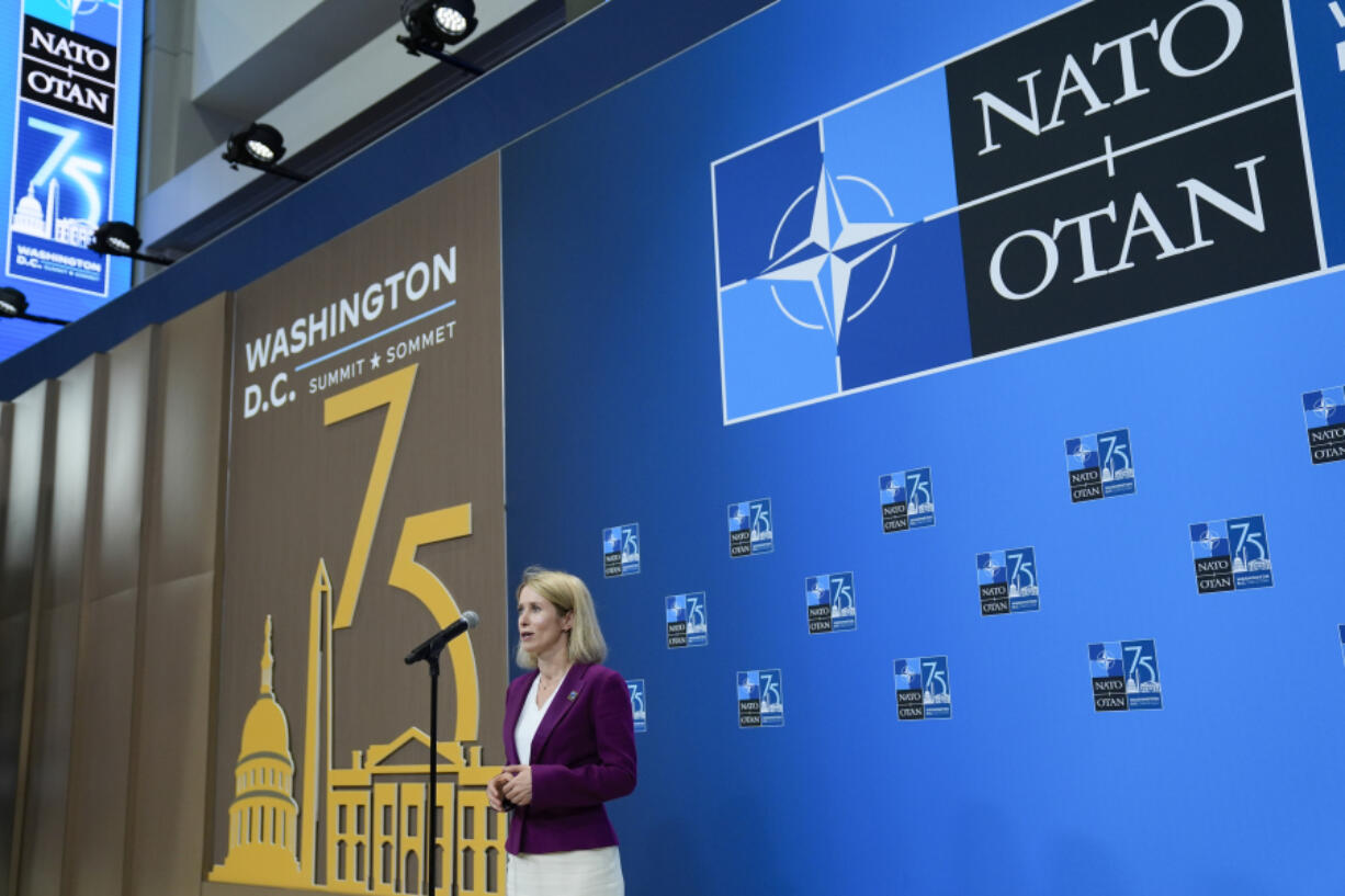 Estonia&rsquo;s Prime Minister Kaja Kallas speaking to members of the media at the NATO summit in Washington, Wednesday, July 10, 2024.