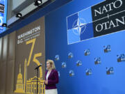 Estonia&rsquo;s Prime Minister Kaja Kallas speaking to members of the media at the NATO summit in Washington, Wednesday, July 10, 2024.