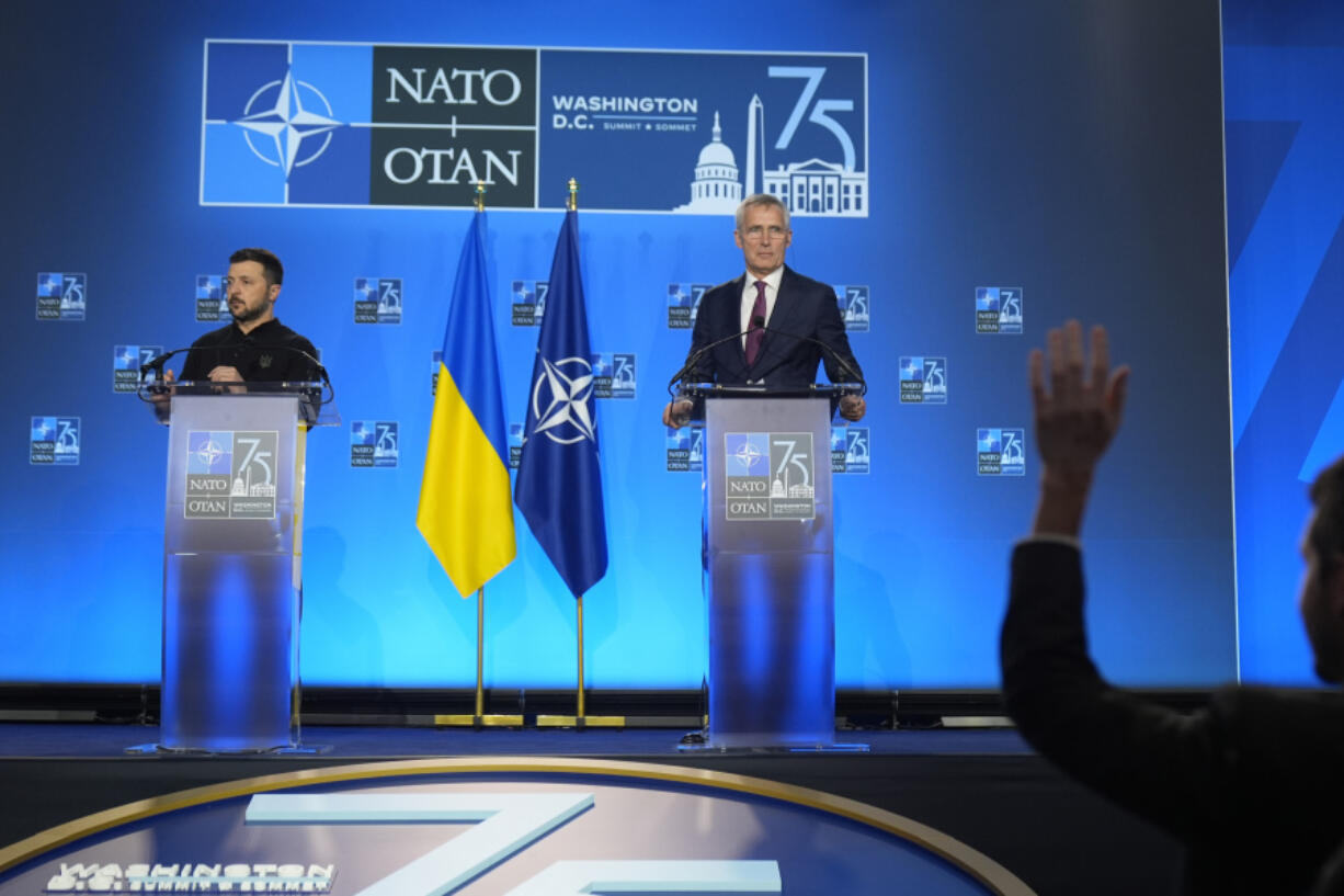 Ukraine&#039;s President Volodymyr Zelenskyy and NATO Secretary General Jens Stoltenberg speak during a press conference the NATO summit in Washington, Thursday, July 11, 2024.