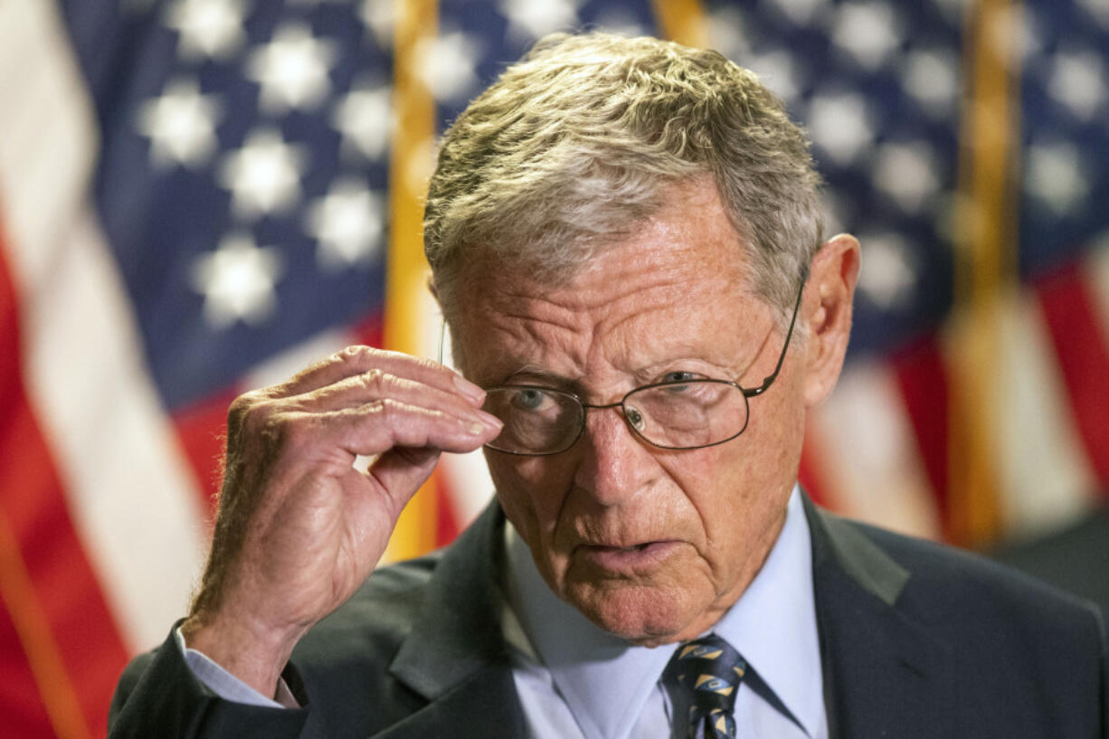 FILE - In this June 30, 2020, file photo, Sen. James Inhofe, R-Okla., speaks to reporters following a GOP policy meeting on Capitol Hill in Washington. Sen. Inhofe has died Tuesday, July 9, 2024. He was 89.