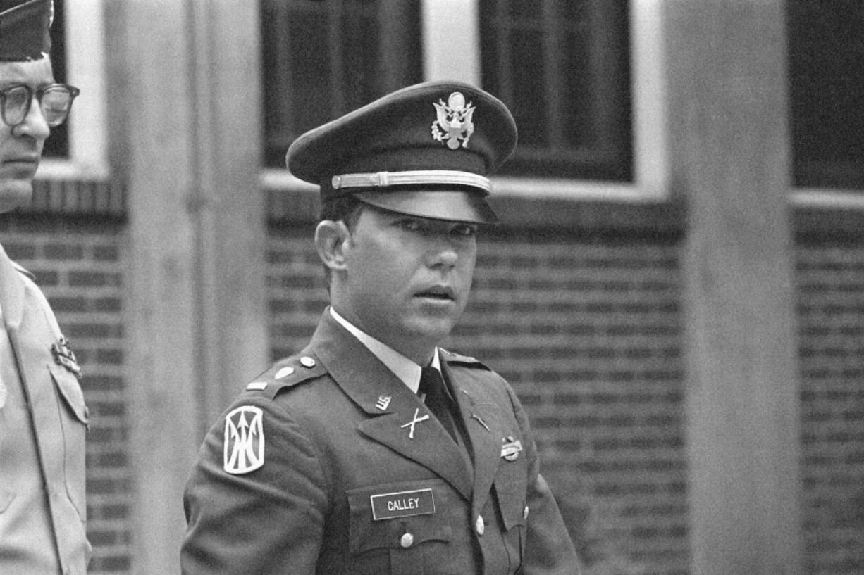 FILE - Lt. William L. Calley, Jr., pictured during his court martial at Fort Benning, Ga., on April 23, 1971. Calley, who as an Army lieutenant led the U.S. soldiers who killed hundreds of Vietnamese civilians in the My Lai massacre, the most notorious war crime in modern American military history, died on April 28 at a hospice center in Gainesville, Fla., The Washington Post reported Monday July 29, 2024, citing his death certificate. He was 80.