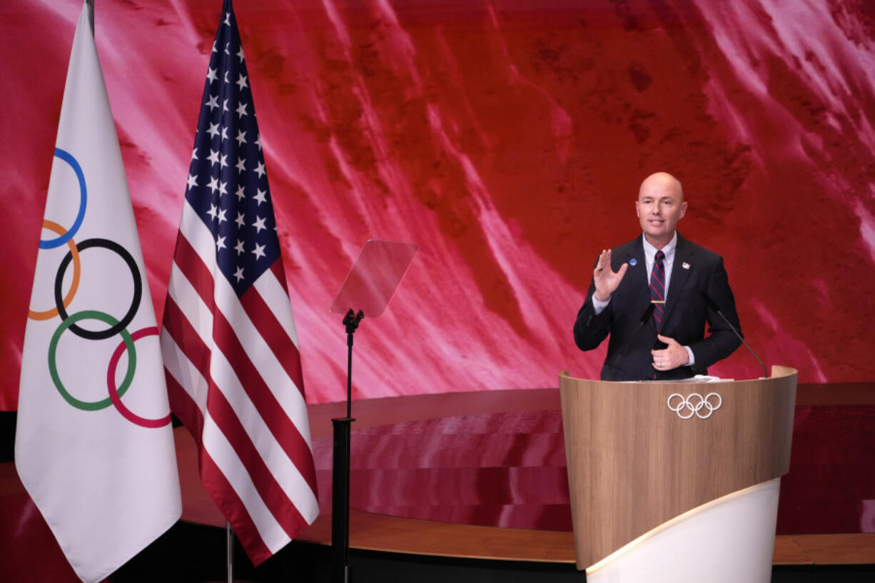 Utah Gov. Spencer Cox speaks about Salt Lake City&#039;s bid to host the 2034 Winter Olympics, during the 142nd IOC session at the 2024 Summer Olympics, Wednesday, July 24, 2024, in Paris, France.