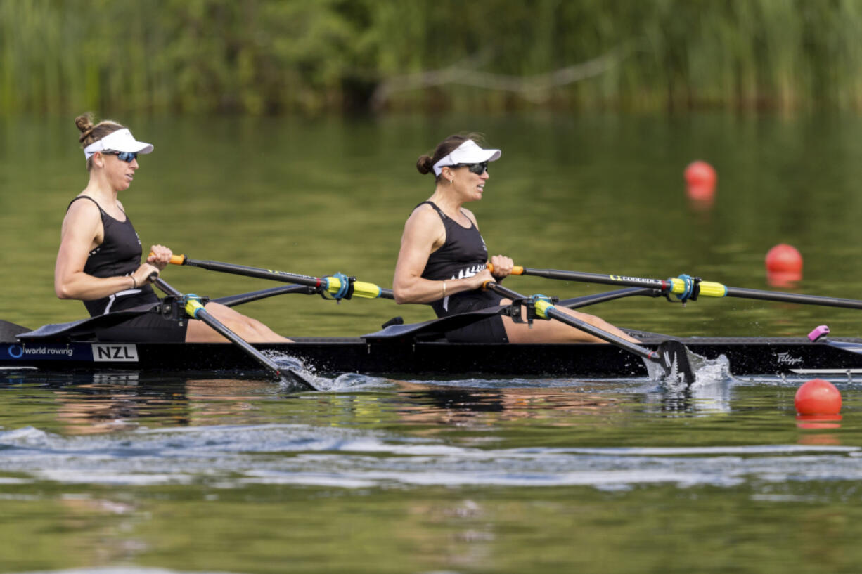 Brooke Francis, left, and Lucy Spoors of New Zealand compete May 25 in the Women&rsquo;s Double Sculls semifinal on the second day of the 2024 World Rowing Cup at Rotsee, in Lucerne, Switzerland. The pair are both mothers to young children.