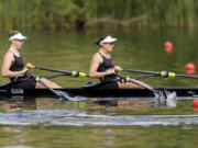 Brooke Francis, left, and Lucy Spoors of New Zealand compete May 25 in the Women&rsquo;s Double Sculls semifinal on the second day of the 2024 World Rowing Cup at Rotsee, in Lucerne, Switzerland. The pair are both mothers to young children.