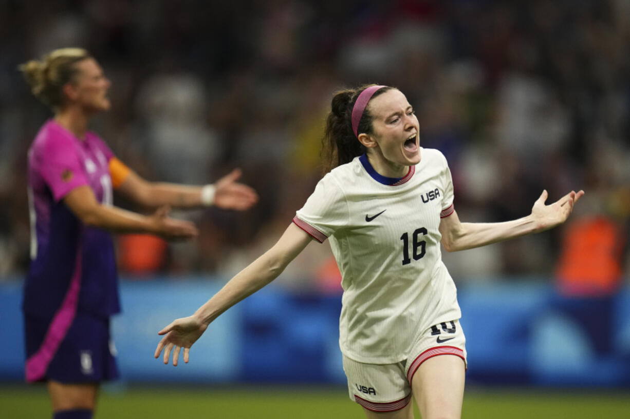 United States&#039; Rose Lavelle celebrates after teammate Mallory Swanson scored their side&#039;s second goal, during the women&#039;s Group B soccer match between the United States and Germany at the Velodrome stadium, during the 2024 Summer Olympics, Sunday, July 28, 2024, in Marseille, France.