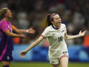 United States&#039; Rose Lavelle celebrates after teammate Mallory Swanson scored their side&#039;s second goal, during the women&#039;s Group B soccer match between the United States and Germany at the Velodrome stadium, during the 2024 Summer Olympics, Sunday, July 28, 2024, in Marseille, France.