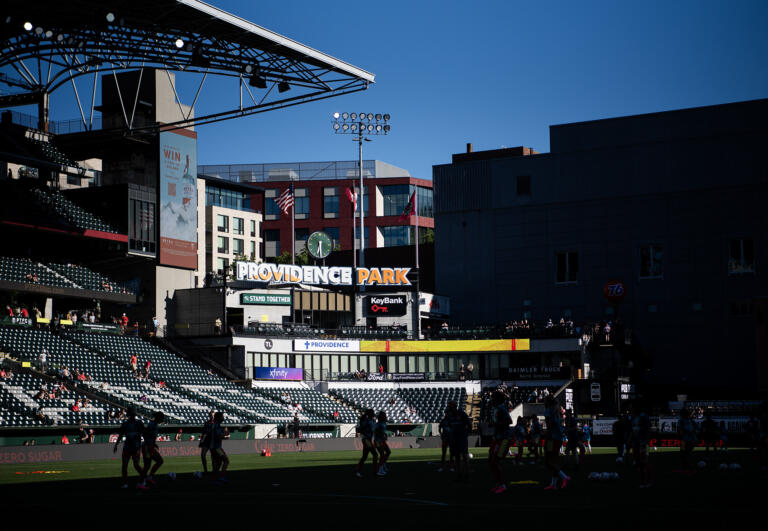 Sunlight bakes one half of Providence Park as players warm up Friday, July 5, 2024, before the Thorns’ 1-0 win against San Diego Wave FC at Providence Park in Portland. Temperatures soared to the mid-90s on Friday.