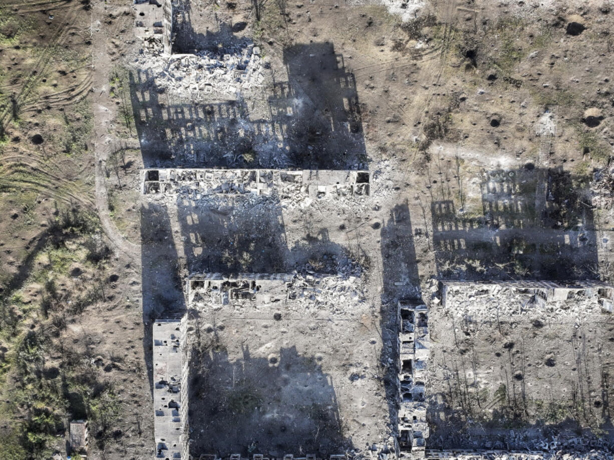 An aerial view shows destruction in the town of Chasiv Yar, the site of the heaviest battles with the Russian troops, Wednesday in the Donetsk region of eastern Ukraine.