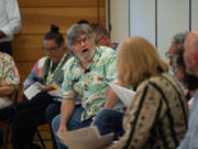 Steven Groat, a Vancouver resident concerned with proposed changes on Southeast McGillivray Boulevard, speaks at a Vancouver City Council forum at Vancouver&rsquo;s Firstenburg Community Center on June 24.